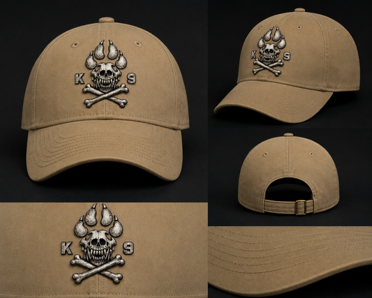Casquette sable avec broderie tête de mort K9 et patte canine, vues avant, côté et arrière