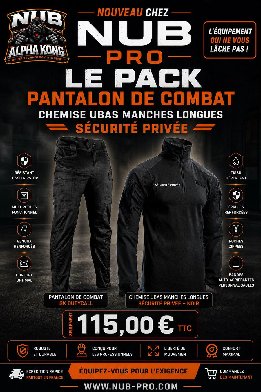 Pack pantalon de combat GK Dutycall + chemise UBAS manches longues Sécurité Privée
